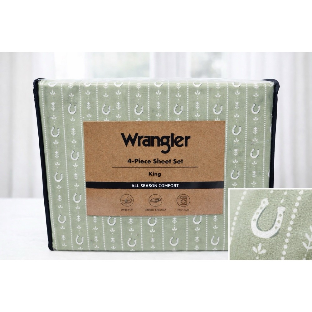 Wrangler 4 Pc King Sheet Set Stables Stripe Green White Western Horseshoe